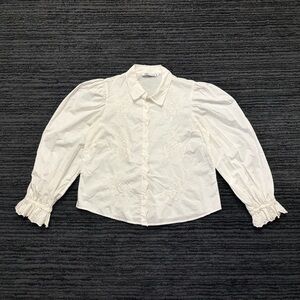 Zara Size S White Puff Sleeve Embroidered Scallop Cotton Poplin Button Up Top
